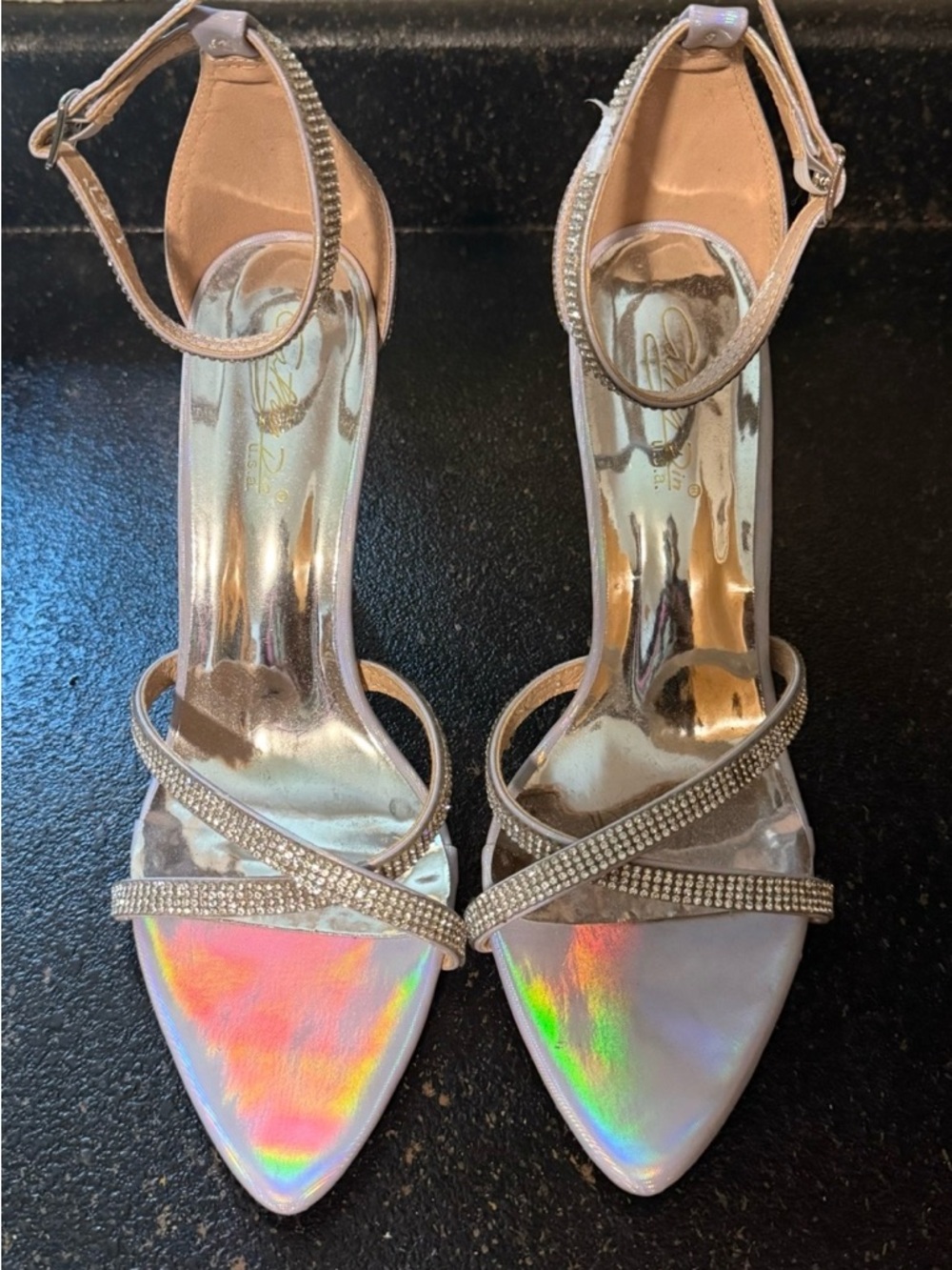Iridescent Crystal-Strap Ankle Heels in Pearl
